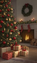 Christmas tree decorated with ornaments and wrapped gifts in red and gold. A cozy fireplace in the background with stockings hanging above. (Background)