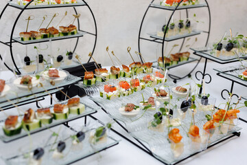 Delicious snacks on the buffet table during the event. weddings. Close-up.