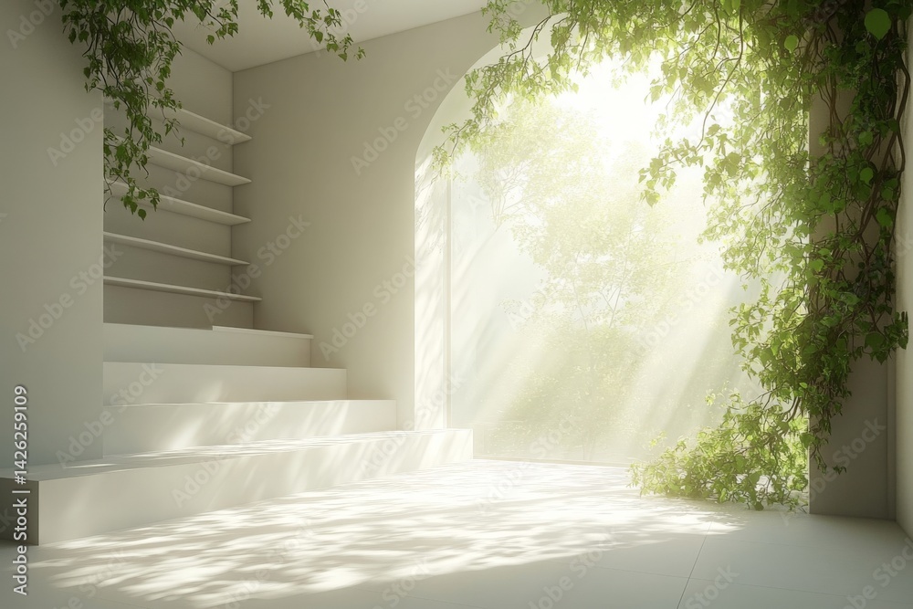 Poster Light streams into a tranquil interior space filled with greenery during the day