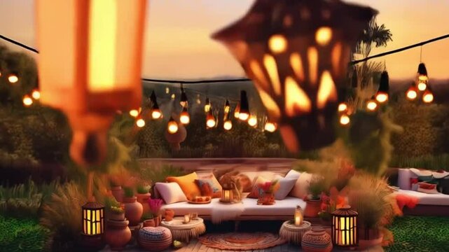 Boho Outdoor Lounge bei Sonnenuntergang