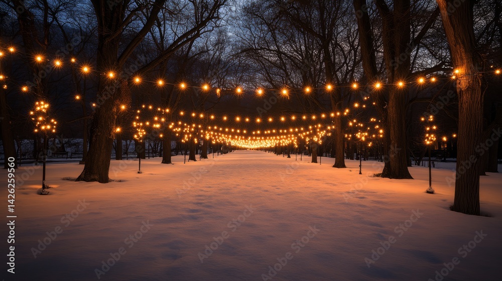 Poster Glowing string lights hang from bare trees, casting warm light on the snow-covered ground in a peaceful winter setting during twilight hours