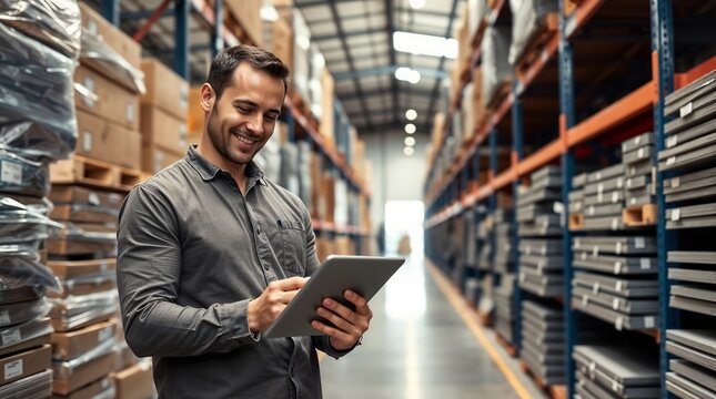 Cheerful man with tablet in hardware store warehouse