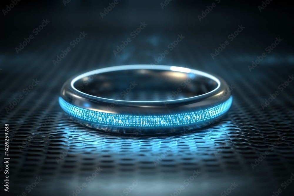 Poster Sleek futuristic metallic ring with glowing blue circuit pattern displayed on textured surface