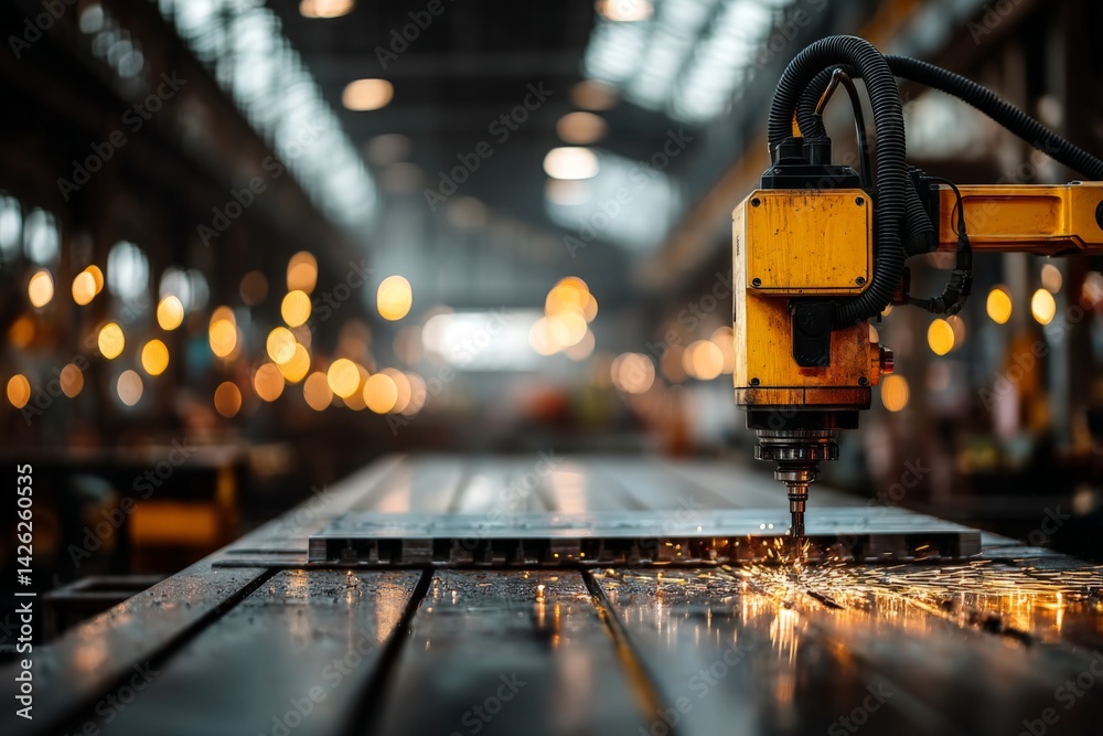Aufkleber precision metalworking in a busy industrial workshop during the day with sparks flying from machiner