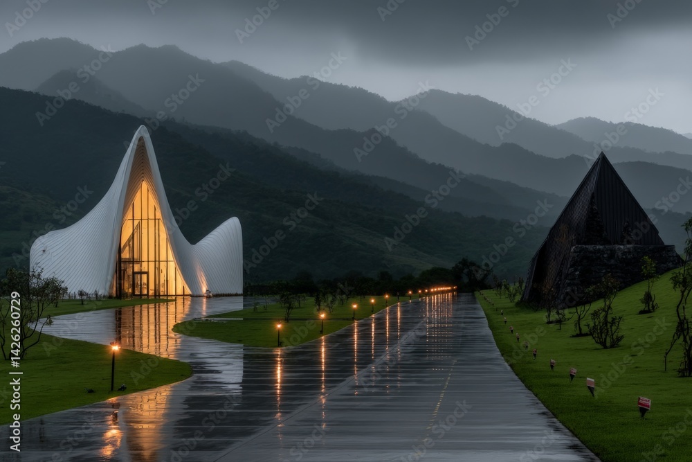 Aufkleber modern architecture blends with nature at a serene location under a cloudy sky