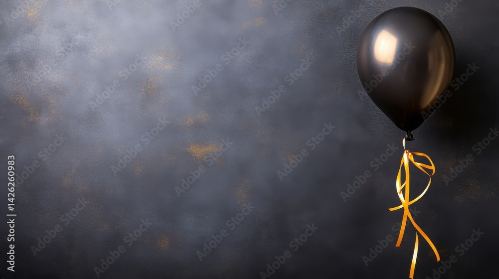 Poster a striking black balloon tied with a gold ribbon floats in front of a dark matte backdrop, ideal for