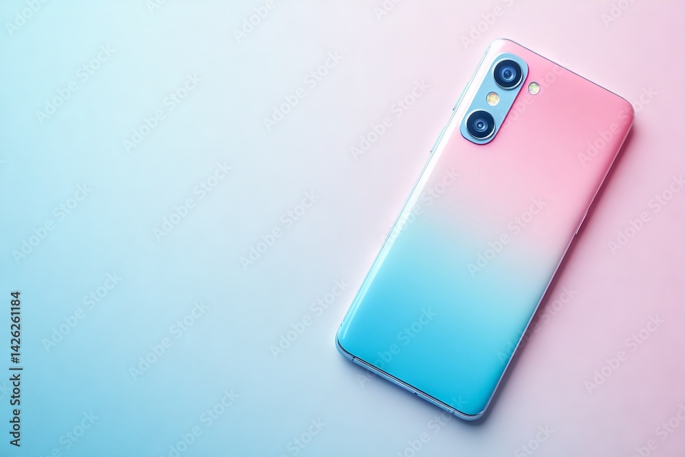 Poster Vibrant smartphone with gradient design resting on a pastel surface during daytime illumination