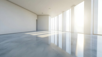 Fototapeta premium Sunlit modern office hallway, city view