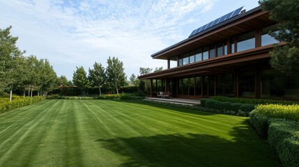 Naklejka premium Single modern house with solar panels on the roof is set against a bright sky, surrounded by well-maintained lawn and vibrant greenery