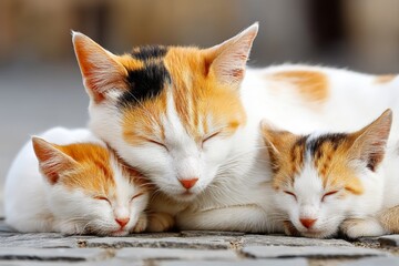 Naklejka premium Three sleeping cats resting together in the warm sunlight outdoors near a cobblestone path