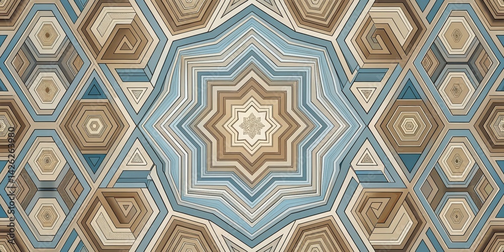 Poster abstract geometric pattern with hexagons and stars in beige and blue hues