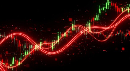 Dynamic Market Trend Visualization - Abstract visualization of market trends, showing dynamic red lines flowing over a candlestick chart. Illustrates market fluctuations