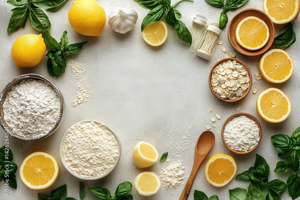 Aufkleber Fresh ingredients spread for making lemon basil cake in a kitchen setting with a neutral backdrop