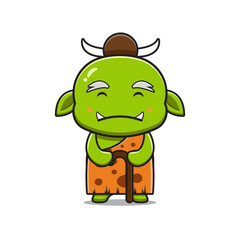 Cute old goblin holding stick cartoon icon illustration