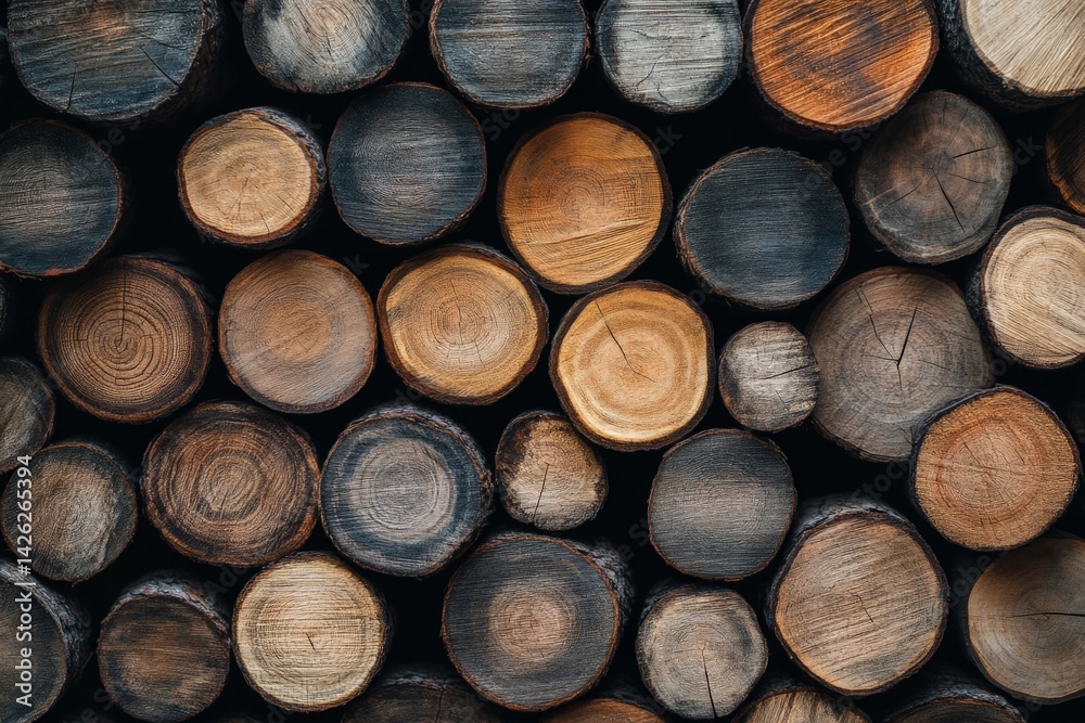 Poster Stacked logs displaying a variety of textures and colors in a rustic setting during daylight hours