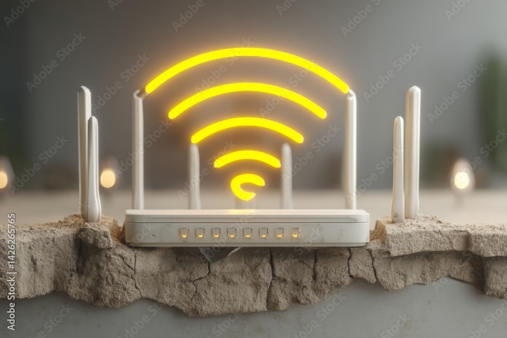 Poster wireless router with glowing signal icon illuminating a modern indoor space