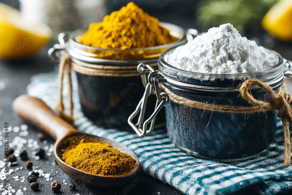 Poster colorful spice jars and a wooden spoon displayed on a textured surface with fresh ingredients in the