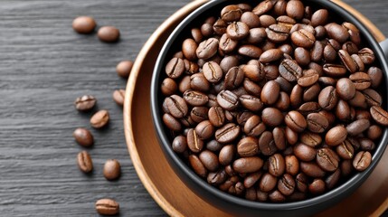 Rich coffee beans spill around a cup on a dark wood background, highlighting fine textures in a warm, inviting atmosphere