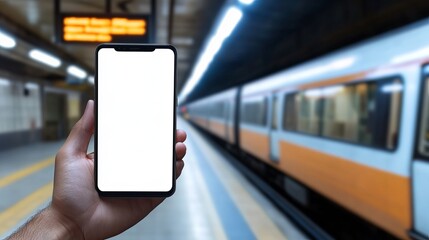 Blank Smartphone Screen in Hand at Train Station Platform Modern Travel Technology Mobile Phone Display Subway Journey Public Transportation Urban Commute Digital Device Empty Screen Mockup Handheld  