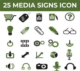 Twenty five media signs icons a collection of modern communication symbols