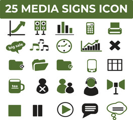 Twenty-five media signs icons offer a versatile collection of communication symbols perfect for websites and applications.