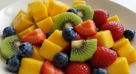 Obraz premium Fresh Mango Strawberry Kiwi Blueberry Fruit Salad - A vibrant mix of diced mango, strawberry, kiwi, and blueberry, symbolizing freshness, health, vitality, sweetness, and summer