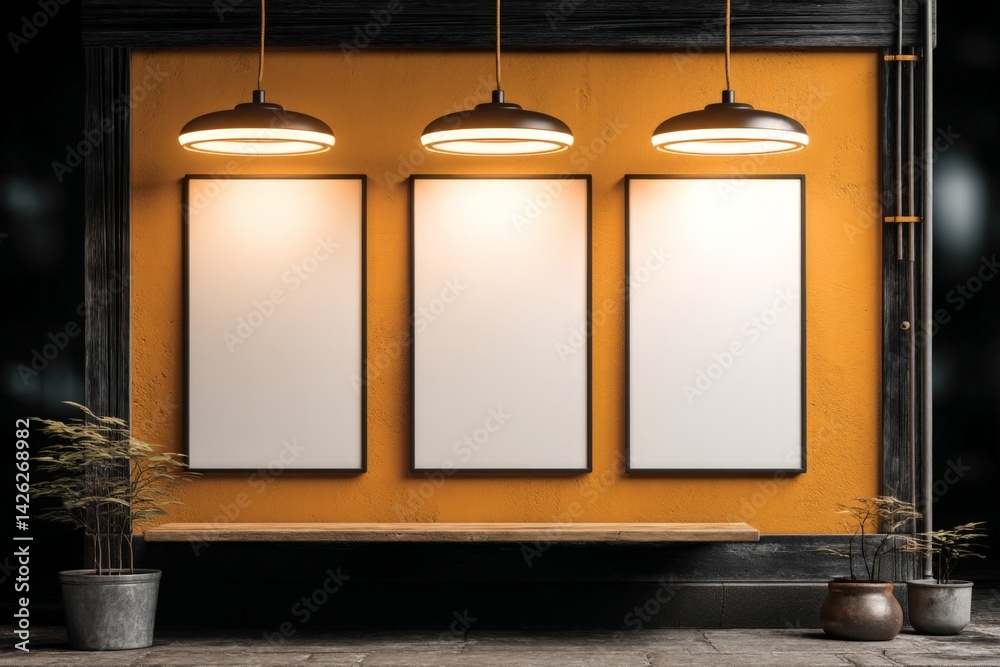 Poster Stylish interior with three empty frames and warm lighting in a contemporary setting
