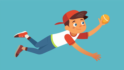 A young boy wearing a makeshift fielders cap dives towards the ball determined to make a spectacular catch for his team.. Vector illustration