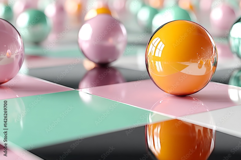 Poster Colorful marbles resting on a glossy checkered surface with reflections creating a vibrant visual effect