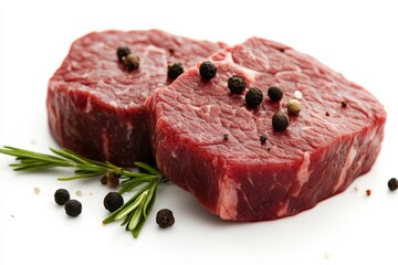 Fototapeta premium Fresh cuts of beef steak seasoned with peppercorns and rosemary on a white background