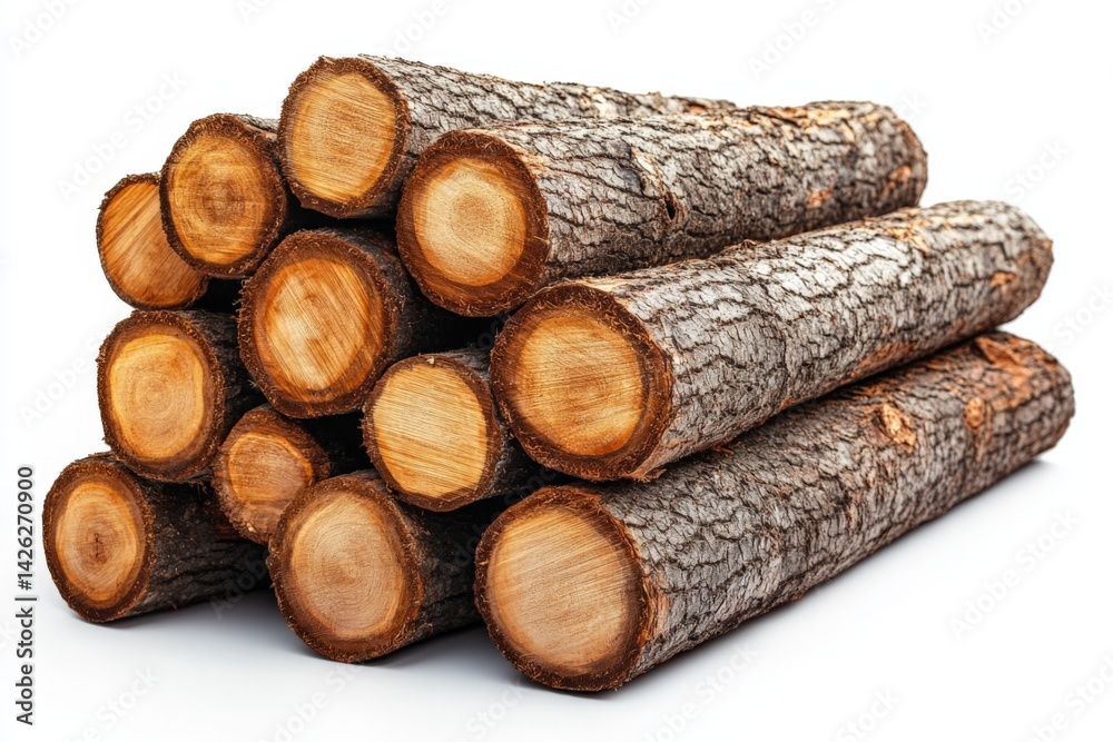 Poster stacked wooden logs ready for firewood use or construction in a rustic setting during daylight hours