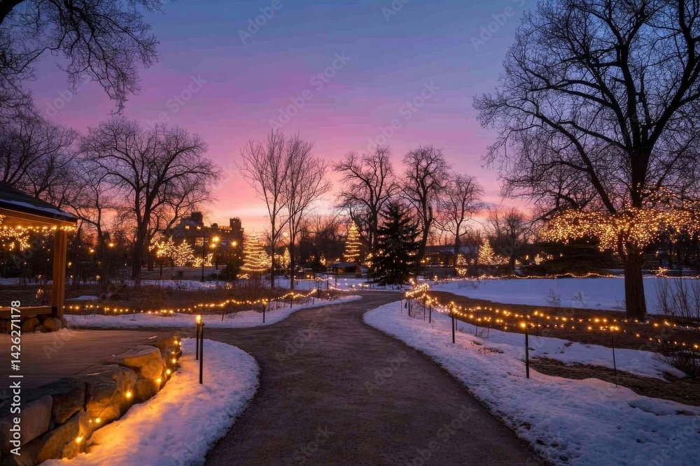 Poster a winter landscape glows under twinkling christmas lights, illuminating a snow-covered pathway lined
