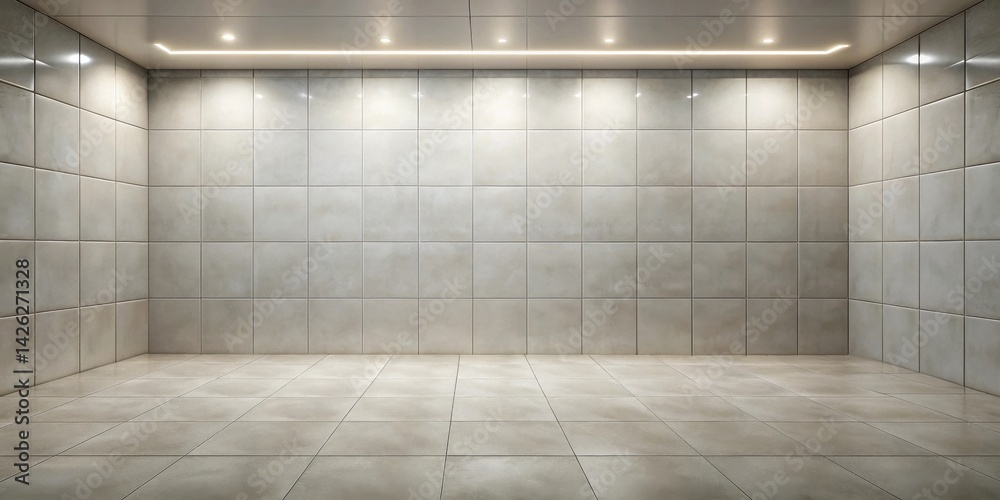 Poster empty room with neutral tiled walls and floor, ideal for mockups and presentations