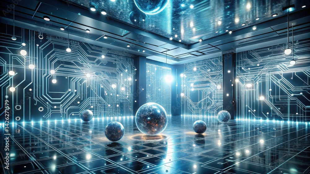 Poster abstract futuristic room with glowing circuit board walls and reflective floor, featuring several il