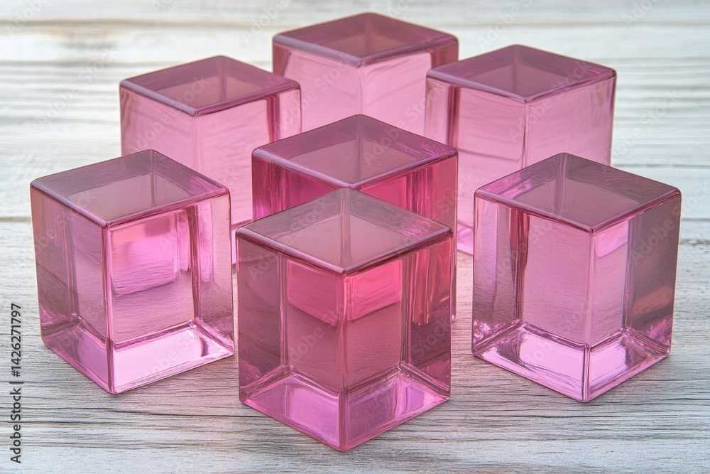 Poster colorful pink acrylic blocks arranged in a creative pattern on a wooden surface suitable for decorat
