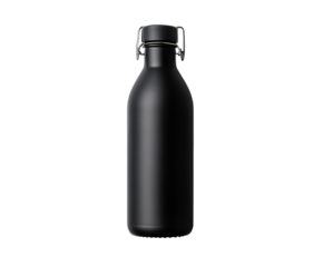 A sleek black reusable bottle stands upright against a neutral background, showcasing its minimalist design and practical features, perfect for staying hydrated at home or on the go