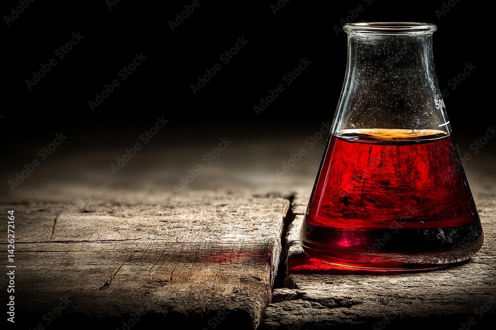 Poster Glass laboratory flask filled with red liquid sits on wooden table in low light setting