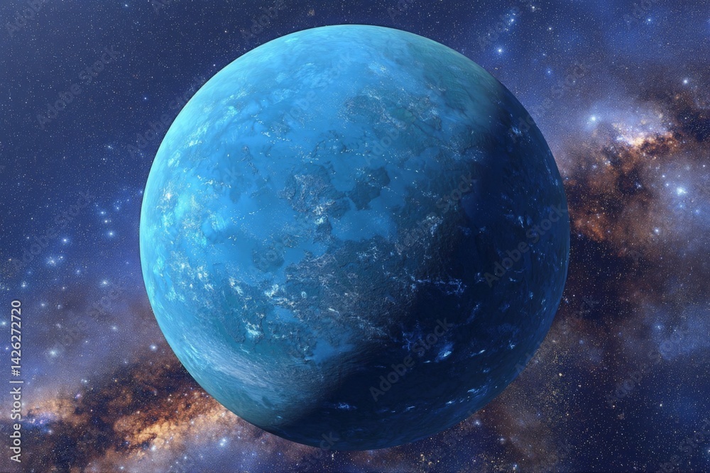Poster vivid blue planet with diverse textures orbiting in a cosmic setting