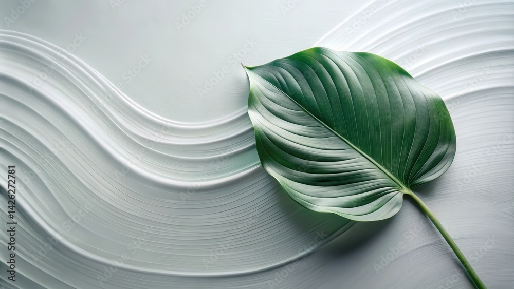 Aufkleber serene green leaf on abstract whimsical wave pattern
