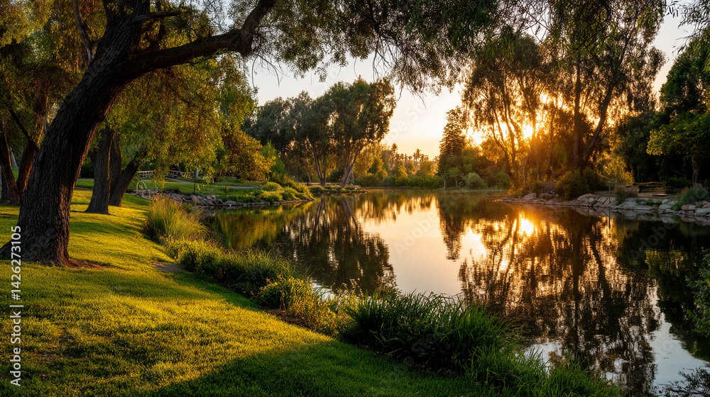 Poster sunset reflecting on calm lake water, surrounded by lush green grass and trees, creating a serene an