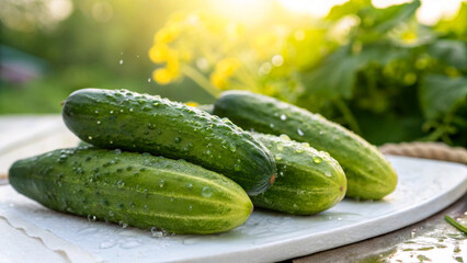 Cucumbers on board in Garden Bright Sunny day in Natural Background