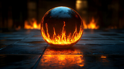 Glowing sphere of fire rests on dark tiled floor flames reflected in tiles darkness in background