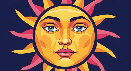 Stylized Sun Face Illustration with Geometric Design and Warm Color Palette
