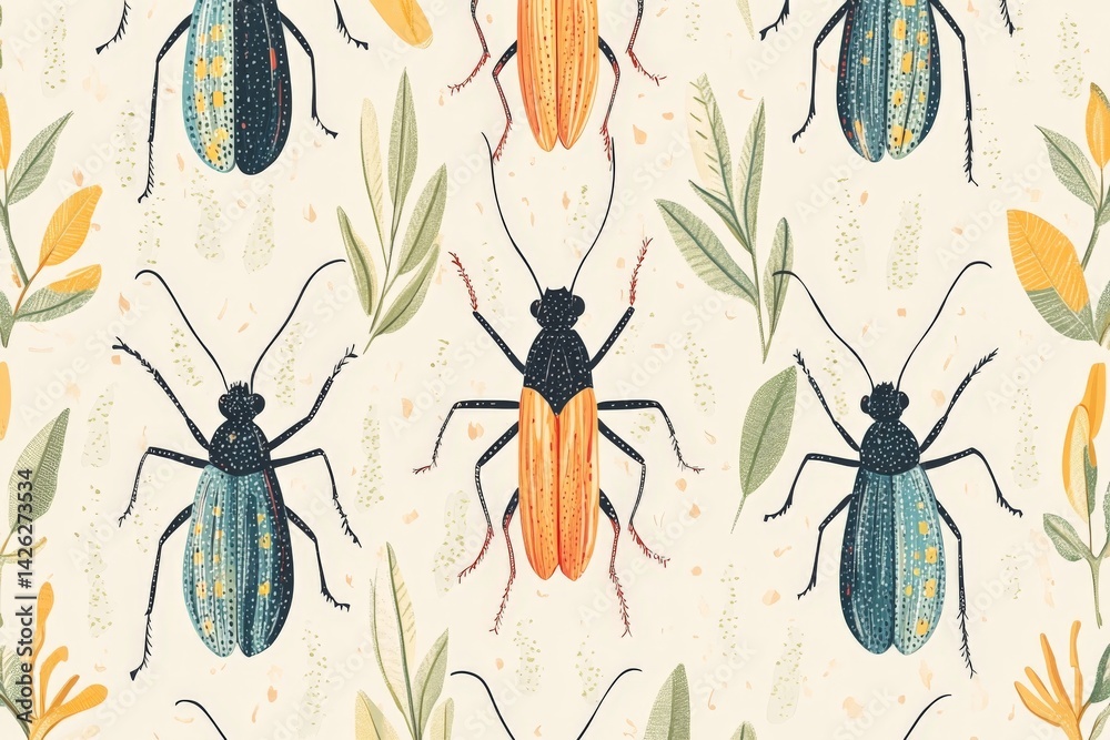 Poster Decorative pattern featuring illustrated beetles with vibrant colors on a light background in botanical setting
