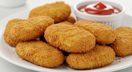 Golden Brown Fried Chicken Nuggets with Ketchup - Crispy, golden-brown chicken nuggets served with a side of ketchup. Represents comfort food, delicious snack, satisfying meal, family-friendly