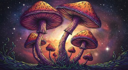 Fantasy Mushroom Landscape with Glowing Stars and Cosmic Sky Background