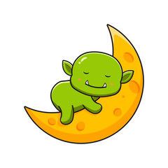 Cute goblin sleep on crescent moon cartoon icon illustration