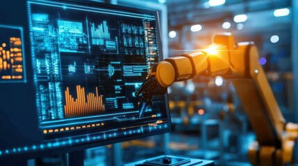 A robotic arm interacting with a digital interface in a high-tech environment.