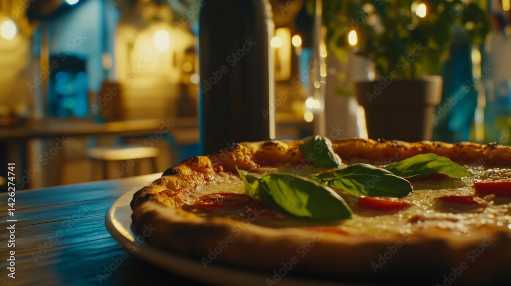 Poster a freshly baked pizza with basil and juicy tomatoes is placed on a rustic wooden table, illuminated 