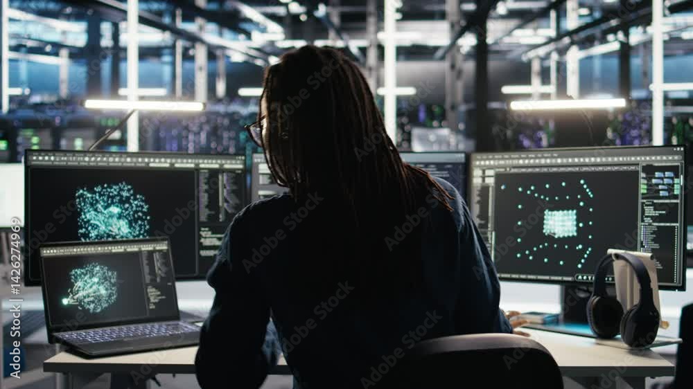 Poster server farm software developer interprets ai generated data analytics graphs. data center specialist